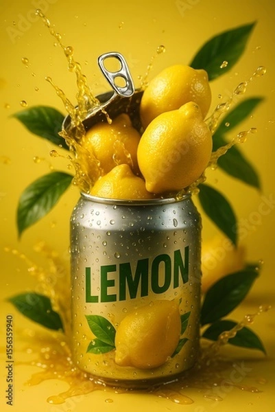 Fototapeta Refreshing Lemon Soda Pop Art Still Life with Splashing Juice and Vibrant Yellow Background