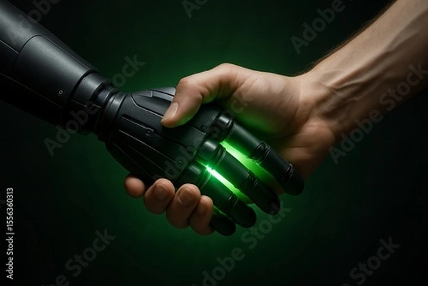 Obraz Futuristic biotech visuals: human hand shaking a glowing robotic hand