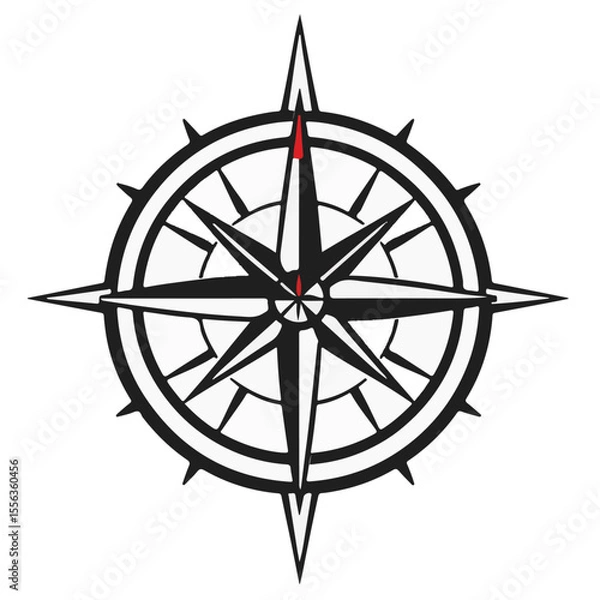 Fototapeta A detailed black and white compass rose with a red indicator, suggesting direction, exploration, and guidance.