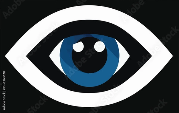 Fototapeta A prominent white eye outline with a blue iris and black pupil on a dark background, symbolizing vision, security, or awareness.