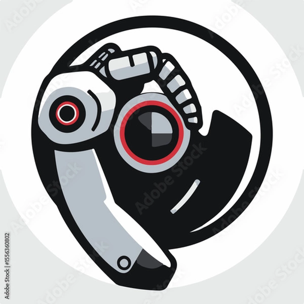 Fototapeta A dynamic logo features a robotic arm and hand in black, white, and red, clenching a fist or holding an object, within a white circle.