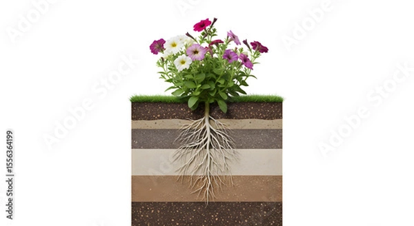 Fototapeta Vibrant Petunia Bloom Exploring Root Systems and Soil Layers