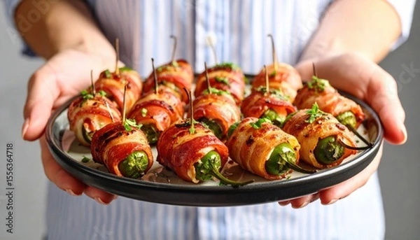 Fototapeta Bacon-Wrapped Chili Peppers On A Plate