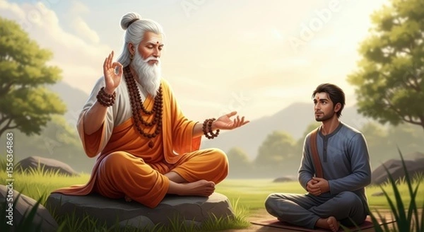 Fototapeta Guru Purnima Spiritual Guidance in Nature – Guru Sharing Ancient Teachings with Devoted Disciple in Forest Setting During Guru Purnima Festival, Symbolizing Respect, Wisdom, and Peace