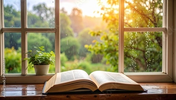 Fototapeta Open Book On Windowsill With Garden View In Rain