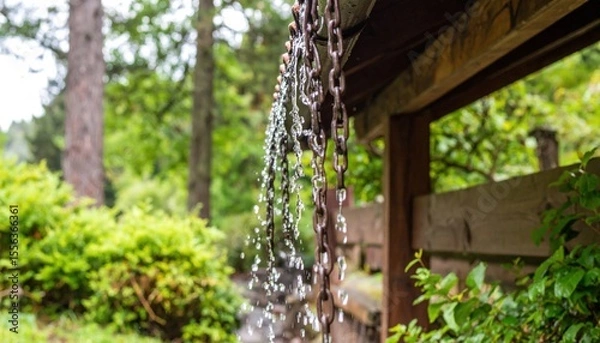 Fototapeta Water Dripping From Chain In Garden