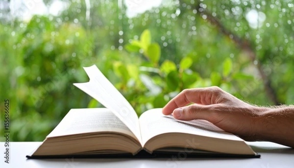 Fototapeta Open Book With Hand Reading In Front Of Window With Rainy Weather
