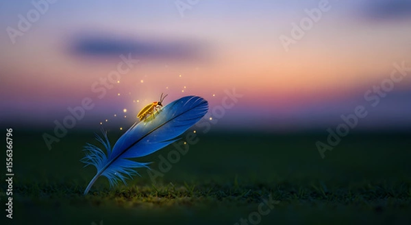 Fototapeta Enchanted Sunset Tiny Snail on a Glowing Feather