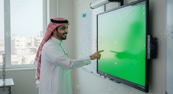 Fototapeta Modern Classroom: Arab Teacher Interacts with Interactive Whiteboard