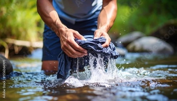 Fototapeta Man Washing Clothes In A Stream