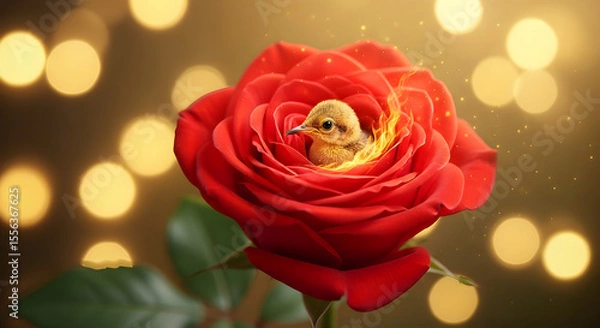 Fototapeta Enchanted Bird Nestled in a Fiery Red Rose A Magical Fantasy Illustration