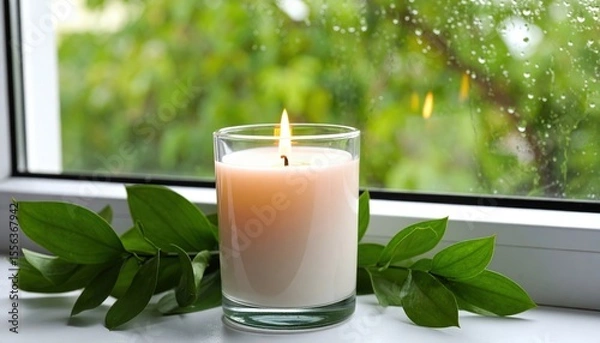 Fototapeta Burning Candle On Windowsill With Green Leaves