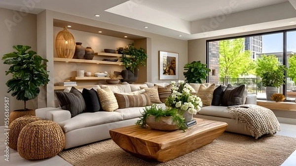 Fototapeta Earth-toned cushions and soft white couch interior setting high resolution image