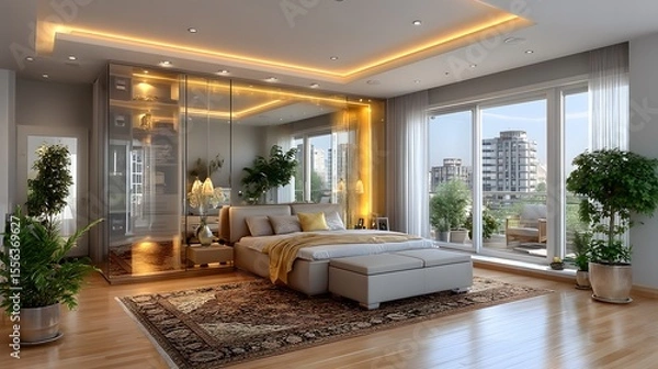 Fototapeta Elegant bedroom space with soft mood lighting high resolution image