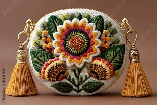 Fototapeta Colorful handmade round clutch with tassel charm high resolution picture