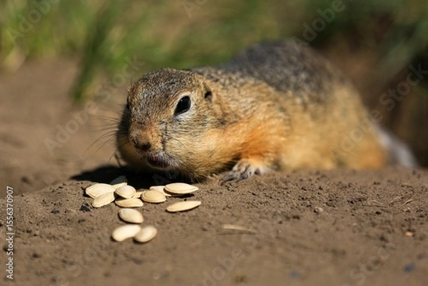 Fototapeta A gopher eats sunflower seeds in the park
