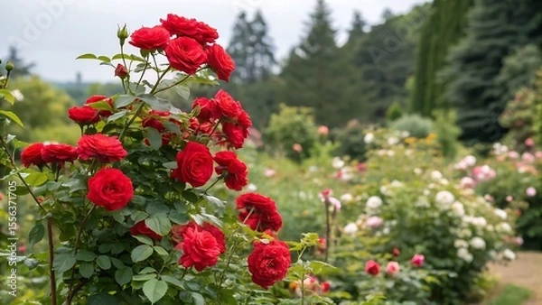 Obraz Red roses bush with a summer background featuring a bush of red rose flowers.flower, flowers, garden, nature, red, plant, summer, blossom, pink, bloom, beauty, spring, rose, floral, flora, 