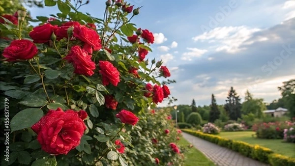 Obraz Red roses bush with a summer background featuring a bush of red rose flowers.flower, flowers, garden, nature, red, plant, summer, blossom, pink, bloom, beauty, spring, rose, floral, flora, 