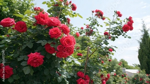 Obraz Red roses bush with a summer background featuring a bush of red rose flowers.,flower, flowers, garden, nature, red, plant, summer, blossom, pink, bloom, beauty, spring, rose, floral, flora, 