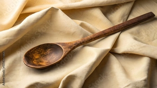 Obraz Old wooden spoon worn smooth by time — lying on faded linen