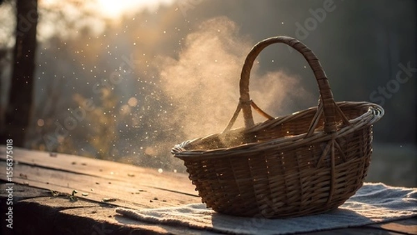 Obraz Wicker basket unraveling at the rim — soft light, dust in the air
