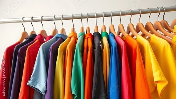 Fototapeta Vibrant rainbow-colored garments displayed neatly on wooden hangers in a minimalist style.