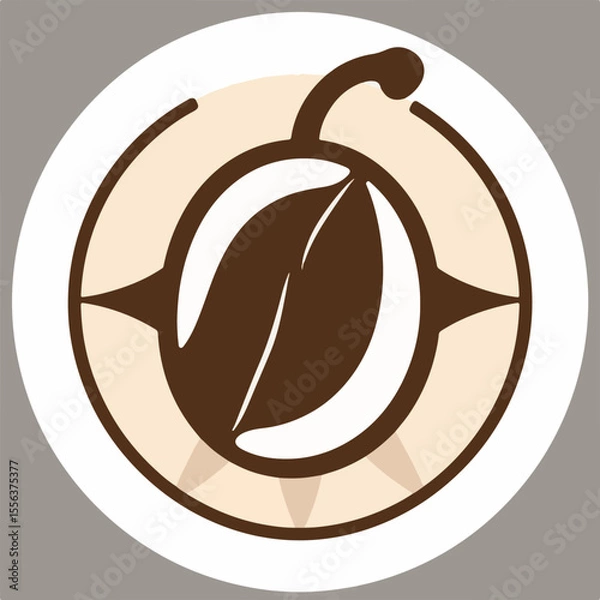 Fototapeta A circular logo features a large brown coffee bean with a stem, set against a light brown compass-like background with subtle directional markers.