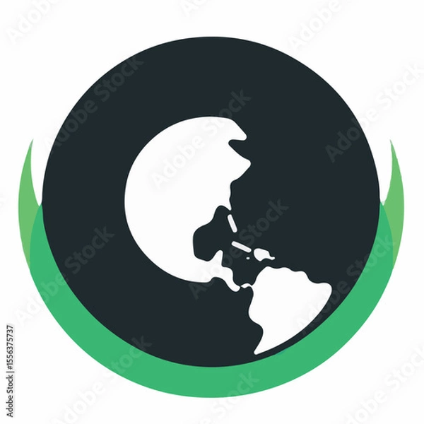 Fototapeta A clean logo depicting a white globe with visible Americas and Africa, set in a dark circle, framed by green curved lines.