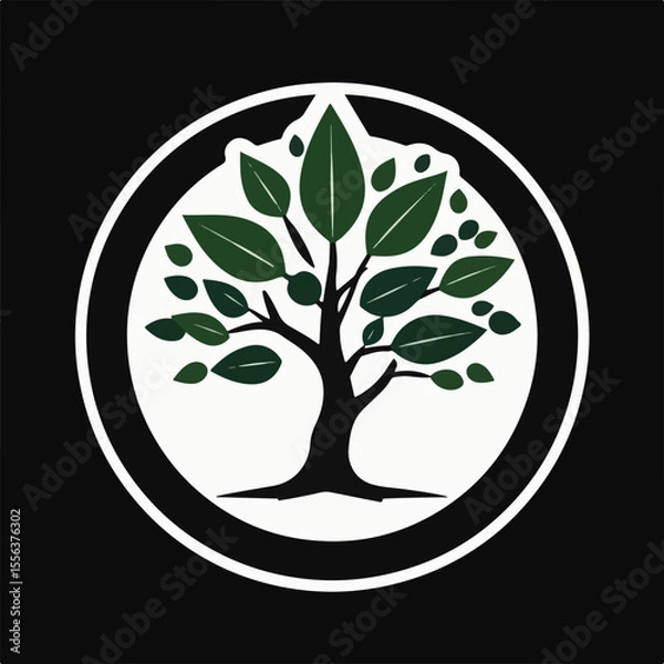Fototapeta A stylized green-leaved tree with a dark trunk is enclosed within a white circle, all set against a dark background, evoking nature and growth.