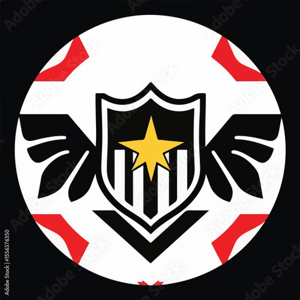 Fototapeta A round emblem with a central shield featuring a gold star and stripes, flanked by black wings, all on a white background with red accents.