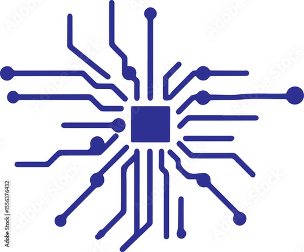 Fototapeta A dark blue microchip or circuit board illustration with radiating lines and nodes on a white background.