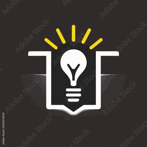 Fototapeta A white lightbulb illuminates with yellow rays, set within a shield-like banner against a dark background.