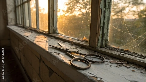 Obraz Rusty scissors on a cracked windowsill — quiet disuse in golden light