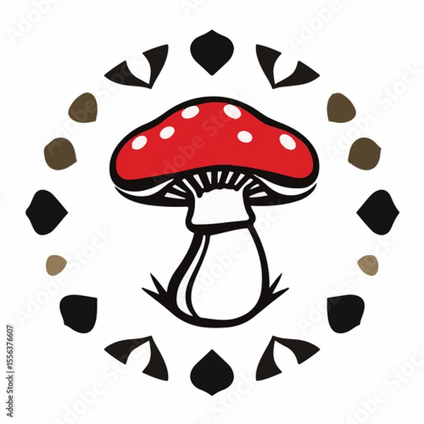 Fototapeta A stylized red mushroom with white spots is centered in a white circle, surrounded by a decorative border of brown and black shapes.