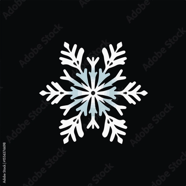 Fototapeta A white and light blue snowflake with six points centered on a solid black background.