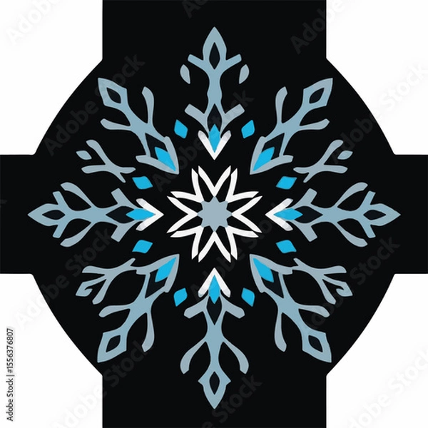 Fototapeta A stylized blue, white, and teal snowflake design centered on a black background within a circular cross shape.