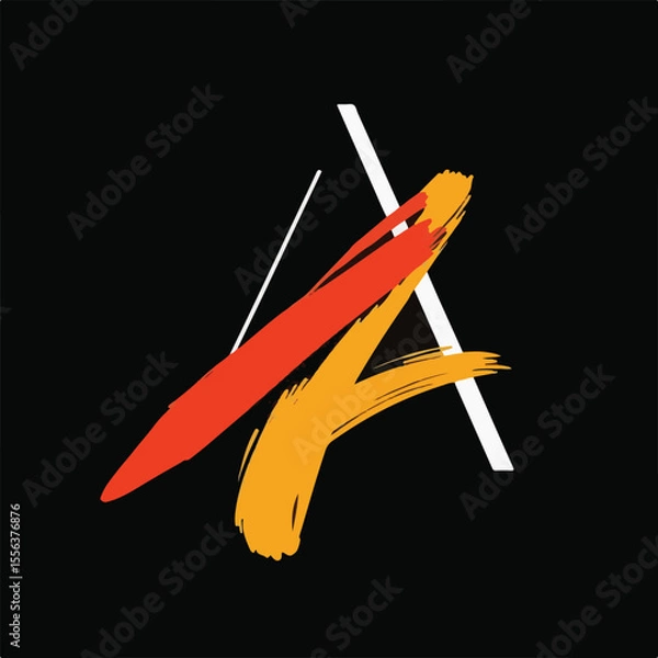 Fototapeta A bold, abstract logo featuring a white "A" shape overlaid with vibrant orange and red brushstrokes on a dark background.