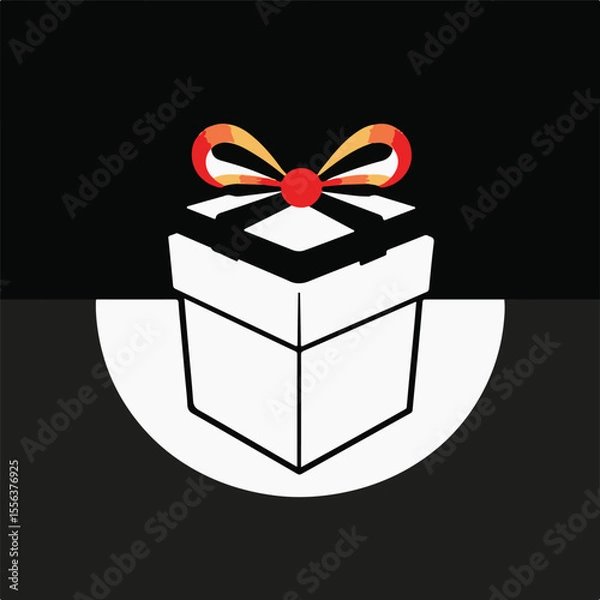 Fototapeta A white gift box with a red and gold ribbon sits against a black and white background.