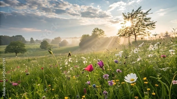 Obraz Lovely meadow during spring - sunlight bathing the meadow flowers،flower, nature, meadow, field, summer, spring, grass, 