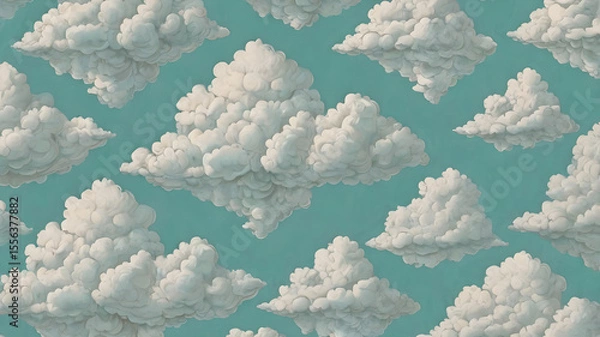 Fototapeta Seamless Pattern of Fluffy White Clouds on Teal Sky Digital Illustration