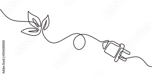 Fototapeta Eco Plug with Leaf One Line Drawing for Energy Saving