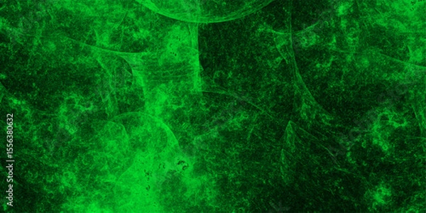Fototapeta Abstract vibrant, digital texture featuring luminous green energy patterns over a dark background. Swirling nebula-like formations and subtle, ghostly circular structures reminiscent of sci-fi plasma 