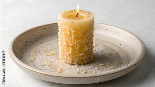 Obraz Melted candle stub stuck to a ceramic plate — wax hardened over dust
