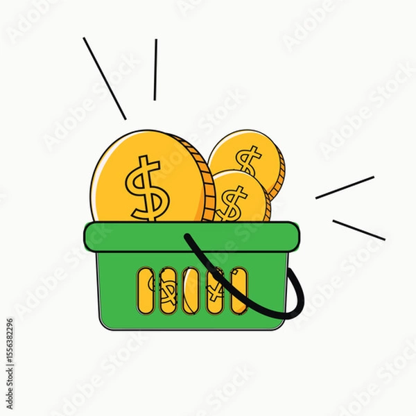 Obraz shopping basket with coins isolate on white background