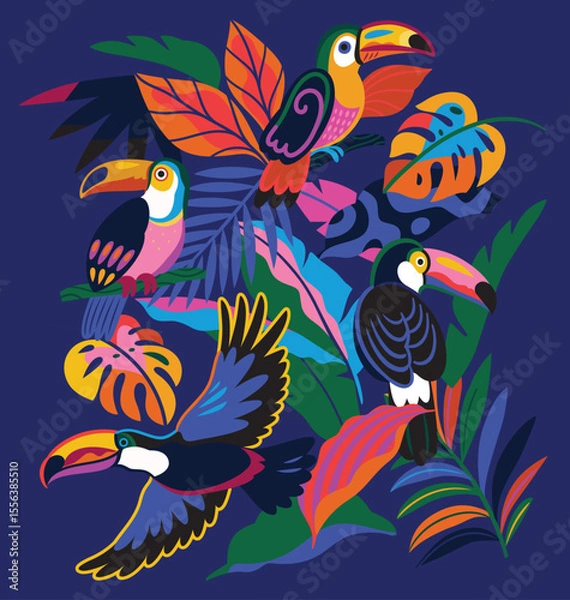 Fototapeta Tropical scene with bright bold toucans and leaves