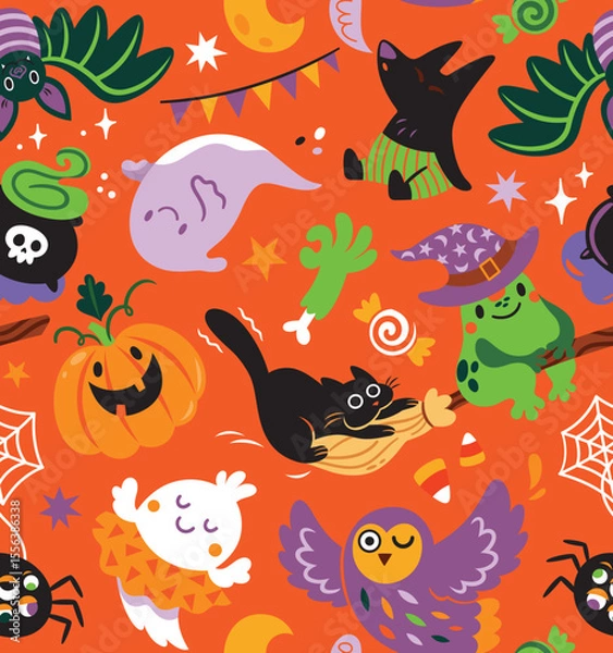 Fototapeta Pattern design. Spooky season with cartoon funny characters. Vector illustration