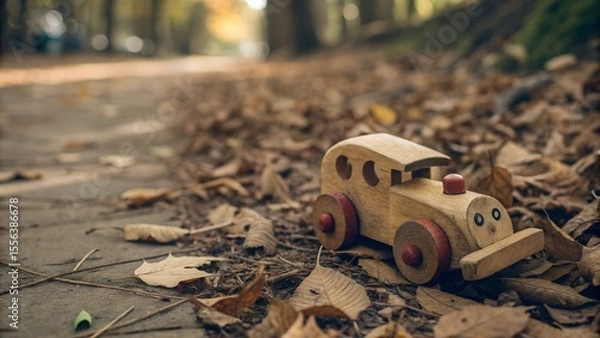 Obraz Wooden toy abandoned in dry leaves — soft decay and childhood memory