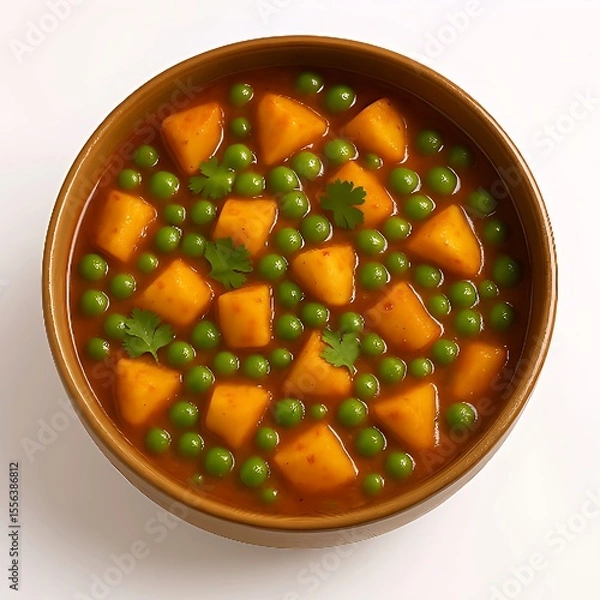 Obraz A bowl of traditional Indian Aloo Matar curry placed on a clean white background. The dish features golden potato cubes and bright green peas cooked in a rich, spiced tomato gravy, garnished with fres