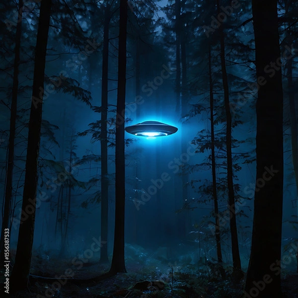 Fototapeta A metallic UFO hovering silently over a dark forest at night, with beams of cold blue light shining through the trees and dense fog, cinematic atmosphere