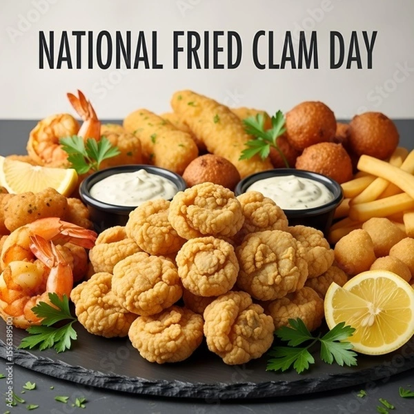 Fototapeta Celebrate National Fried Clam Day with a Delicious Platter of Fried Seafood Delights to Satisfy Your Cravings